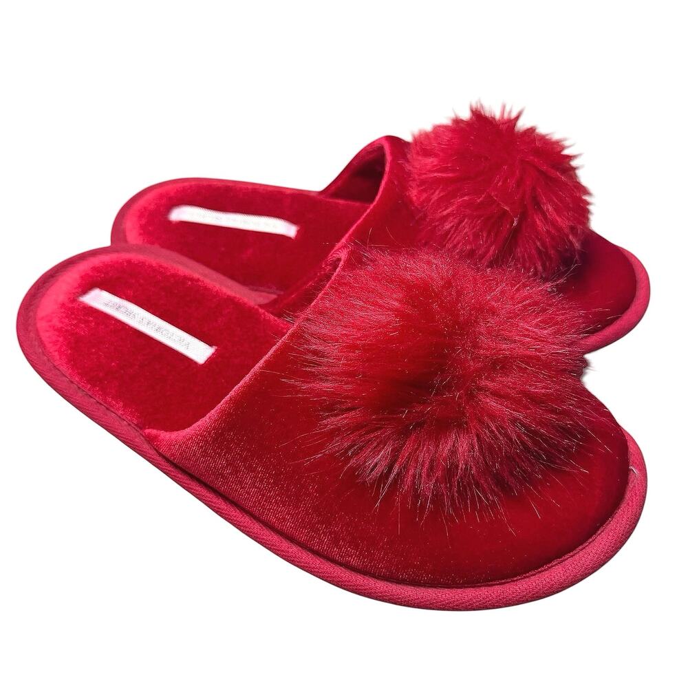 Victoria Secret Red Faux Fur Pom Pom Women’s House Slippers Medium 6-7 Soft Cozy